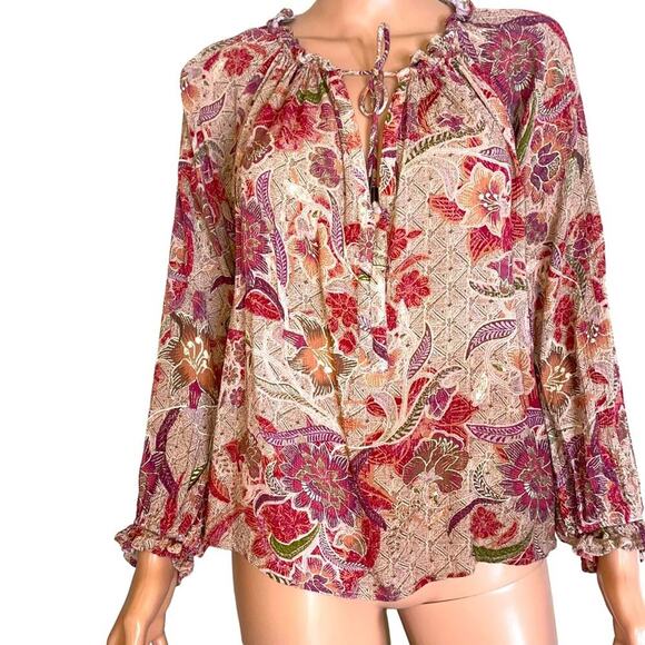 VICI Womens blouse Pink Red Floral Metallic Threading Flowy Boho top Size SM - Picture 2 of 10
